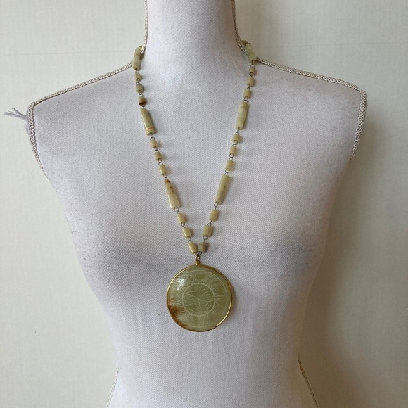 Aztec Mayan Medallion Pendant Necklace Stone Beaded Onyx - Picture 5 of 7